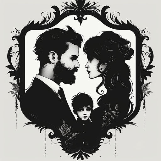 Elegant flat tattoo style family portrait in silhouettes