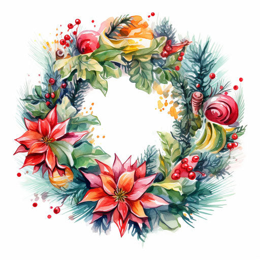 Christmas wreath clipart in the Impressionistic Art style, on white