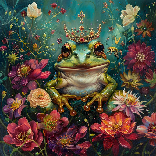 Crowned frog in jewel-toned flower garden