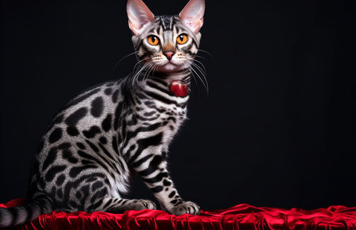 Black bengal breed cat in light silver and maroon, booru style