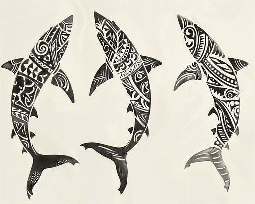 Trio of sharks in stylized motifs
