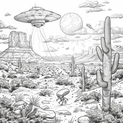 UFO landing in desert with aliens exploring, coloring page
