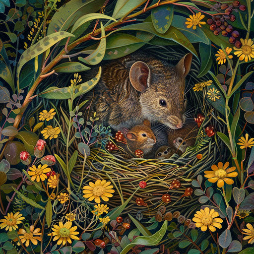 An antechinus and her young in a cozy nest hidden under a bush in a vibrant meadow