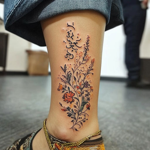 Arabic tattoo with calligraphy and floral pattern on the ankle