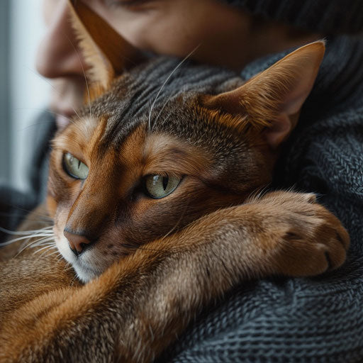 Abyssinian cat held by its owner