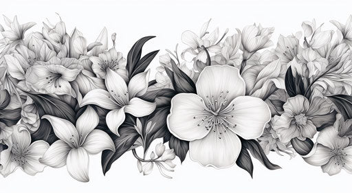 Black and white drawing of flowers, detailed cherry style