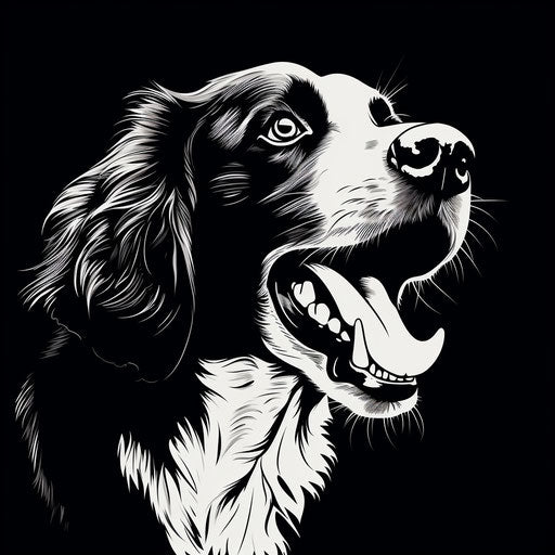 Black and white yawning dog, logo style, harsh realism