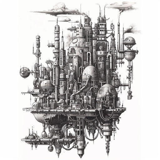 Post-apocalyptic mechanical tattoo design with dystopian cityscape and machinery, on white background