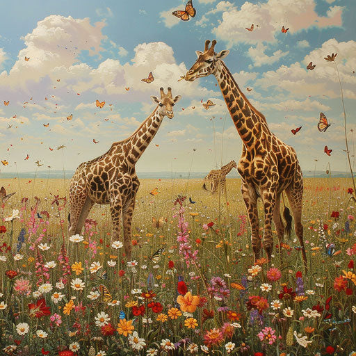 Giraffes grazing peacefully among wildflowers
