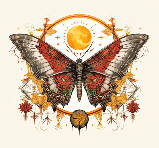 The butterfly and the sun with the moon, graphic linework style