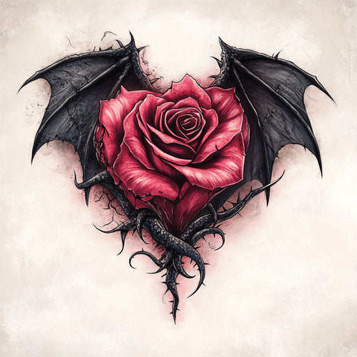 Rose and black thorns in gothic heart with dragon wings