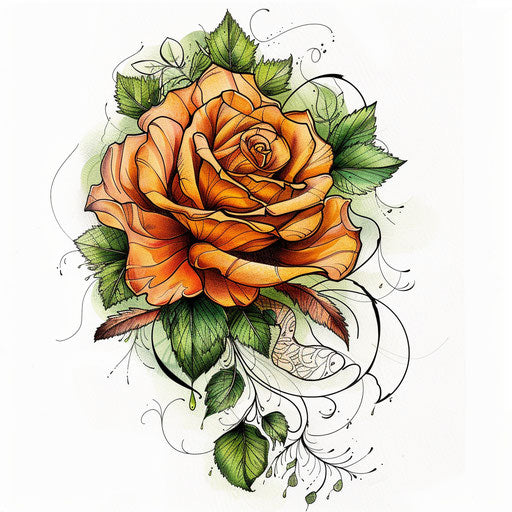 Eco-themed tattoo sketch of an amber rose with leaves and vines in green, emphasizing nature in a flat design style
