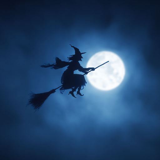 Silhouette of a Witch Flying Under a Glowing Moon