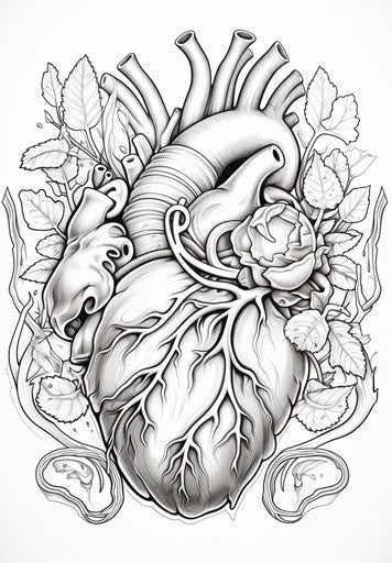 Heart coloring page for children, detailed realism style