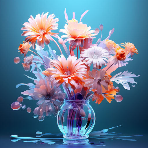 Digital floral bouquet on blue background, light teal and light magenta