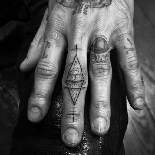 Men's finger tattoos in the style of Ami James featuring minimalist geometric shapes