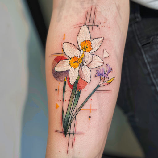 Modern art style tattoo of a narcissus flower, geometric shapes and bright colors.