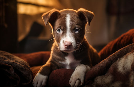Brown and orange puppy sitting on bed, explosive pigmentation