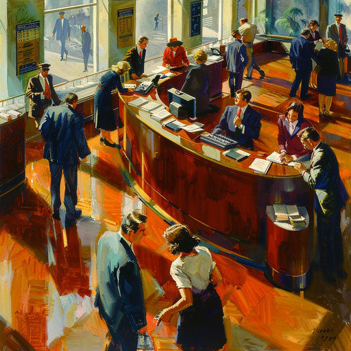 Busy bank with customers at counter and tellers assisting