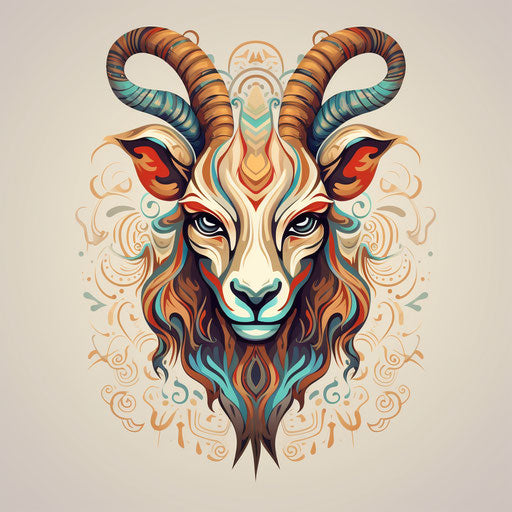 Abstract goat head in colorful tattoo patterns