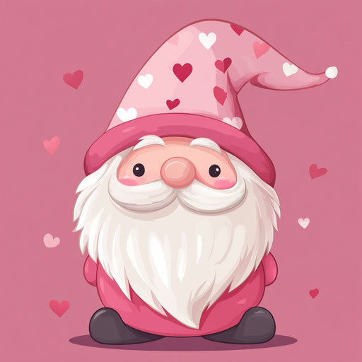 Valentine's Day, pink gnome with hearts on hat & white beard, vector illustration in digital art style