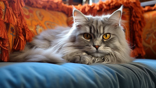 Gray cat on orange couch, persian miniature style, light maroon and light azure