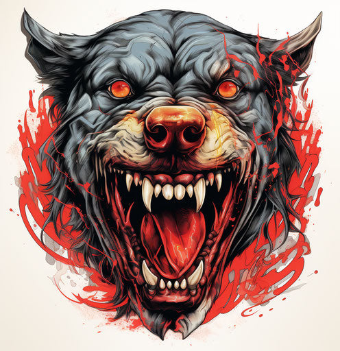 Angry dog head in classic tattoo style, light red, hip-hop street art