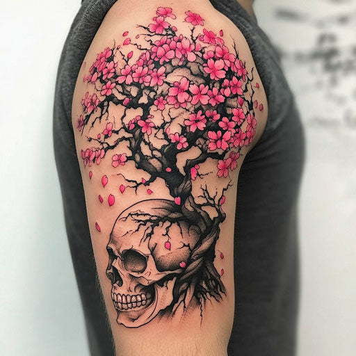 Cherry blossom tree tattoo in Ed Hardy style with vibrant skull arm