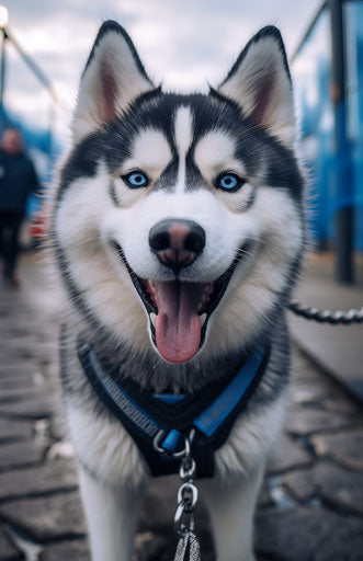 Husky dog on a leash looks at the camera