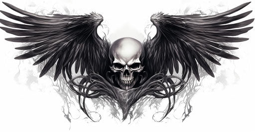 Black skull with wings tattoo, gravure style, ambient occlusion 19:10
