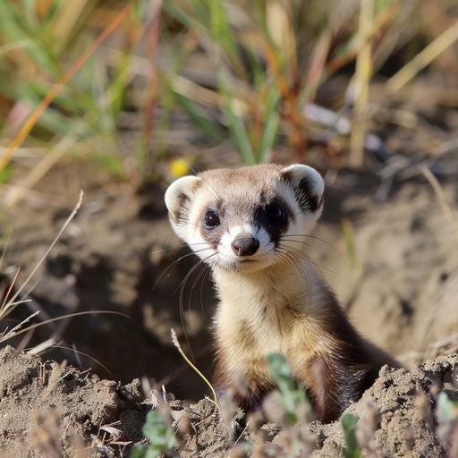 Young black-footed ferret exploring outside burrow