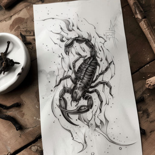 Scorpion tattoo design emerging from flames
