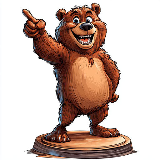 Humorous caricature of a brown bear with human characteristics