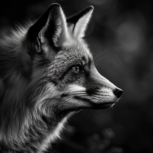 Red fox in black and white, intense and dramatic, in the style of Laurent Baheux