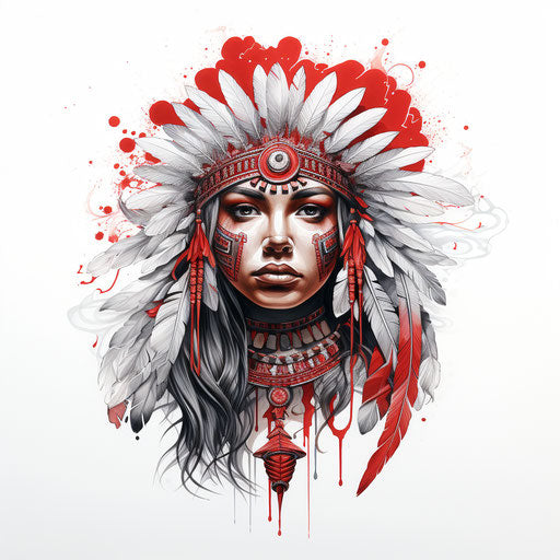 Native girl's head design, white and red style, tattoo, feathers