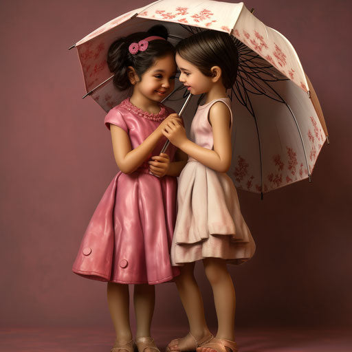 Two girls with umbrellas touching, cartoonish innocence style, light maroon and pink