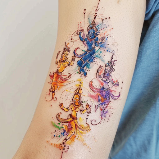 Whimsical flat tattoo sketch for a Sak Yant tattoo depicting mythical creatures dancing in vibrant colors
