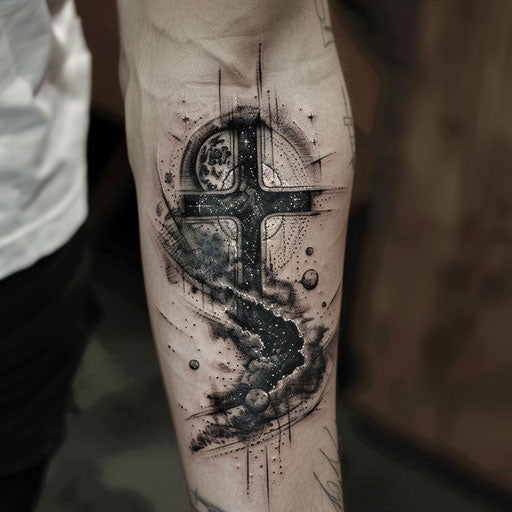 Surreal and celestial cross tattoo for men