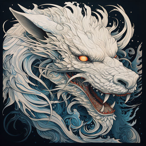 White drawing of dragon tailed head with long hair