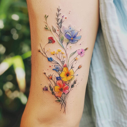 Watercolor wildflower tattoo, color splashes, flowing design, ethereal
