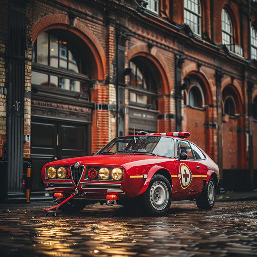 Red fire chief's car in front of historic fire station