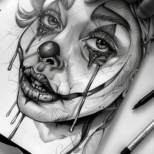 Sketch of a Chicano art clown girl with tears, dramatic and vivid