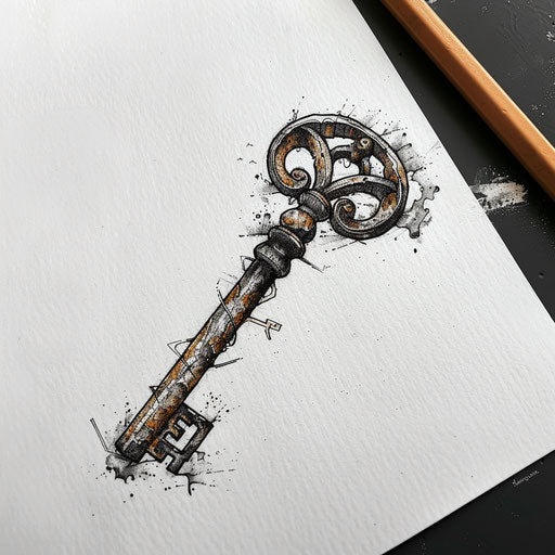 Industrial tattoo sketch of a rusty iron key with metallic textures and dark shading