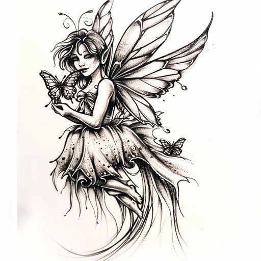 Butterfly-winged fairy tattoo design on white canvas illustration