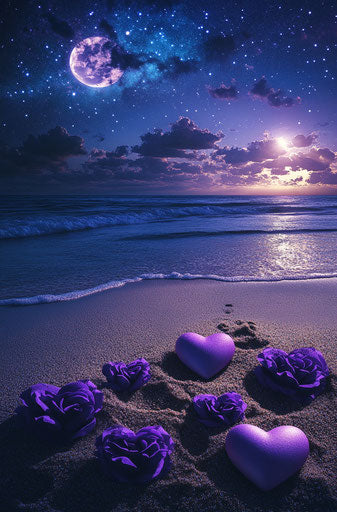 Glowing purple hearts on the beach, starry night sky with full moon and stars, purple roses in the sand, magical scene