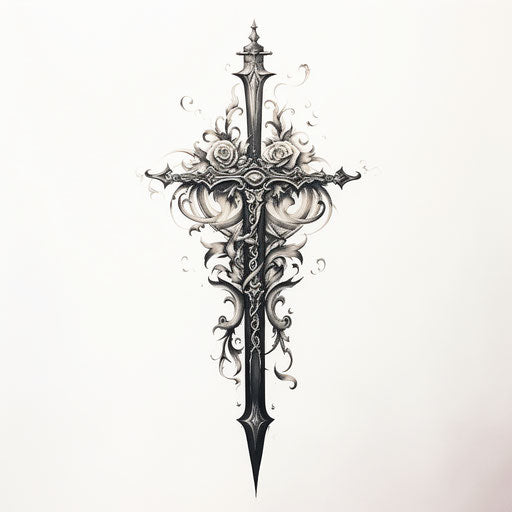 The medieval sword in black and white tattoo style