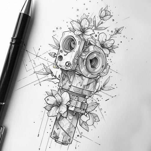 Nature-inspired flat tattoo sketch of a piston merging with elements of earth and metal