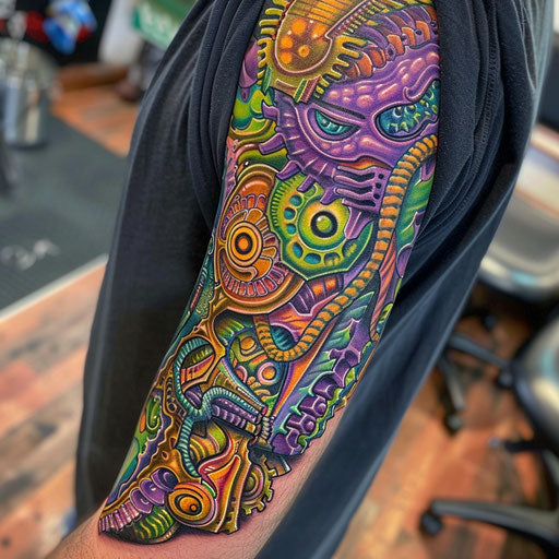 Psychedelic biomechanical half sleeve tattoo