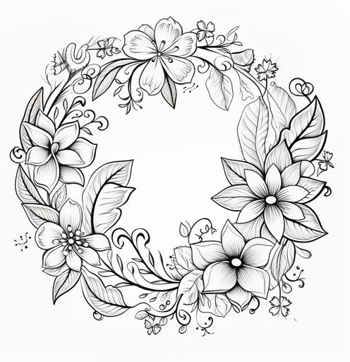 Hand drawn outline drawing of ring and two leaves with flowers and hearts
