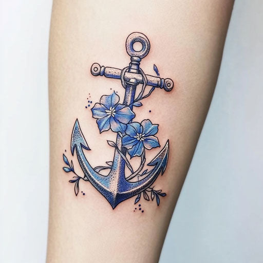 Tattoo design for small forearm with anchor and blue flowers